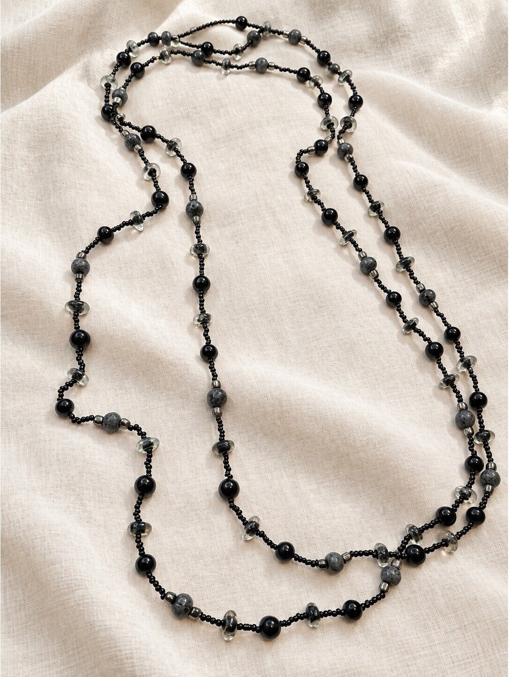 🖤 Long Black, Gray & Clear Beaded Necklace | 60”